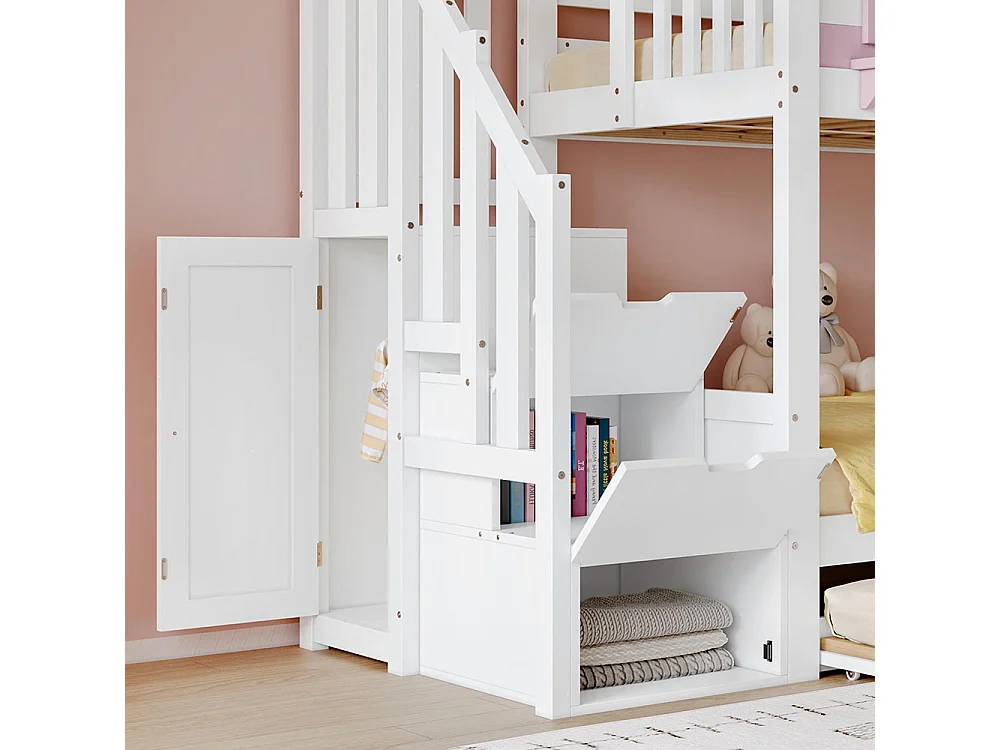 Beliche infantil 90 x 200 cm, com roupeiro, janela e telhado, branco e rosa