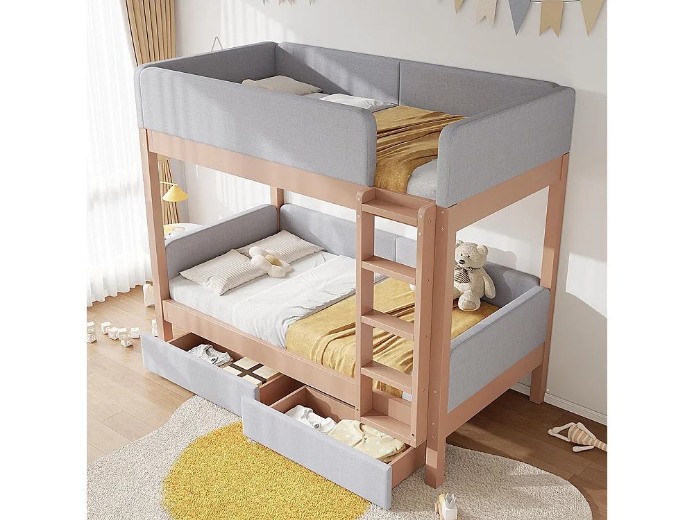 Lit superposé pour enfants 90 x 200 cm, avec échelle droite à quatre échelons et deux tiroirs, gris et bois naturel