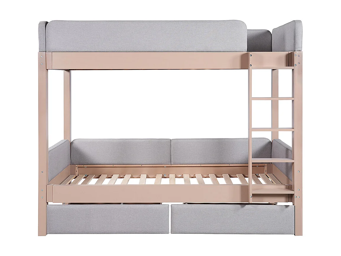 Lit superposé pour enfants 90 x 200 cm, avec échelle droite à quatre échelons et deux tiroirs, gris et bois naturel