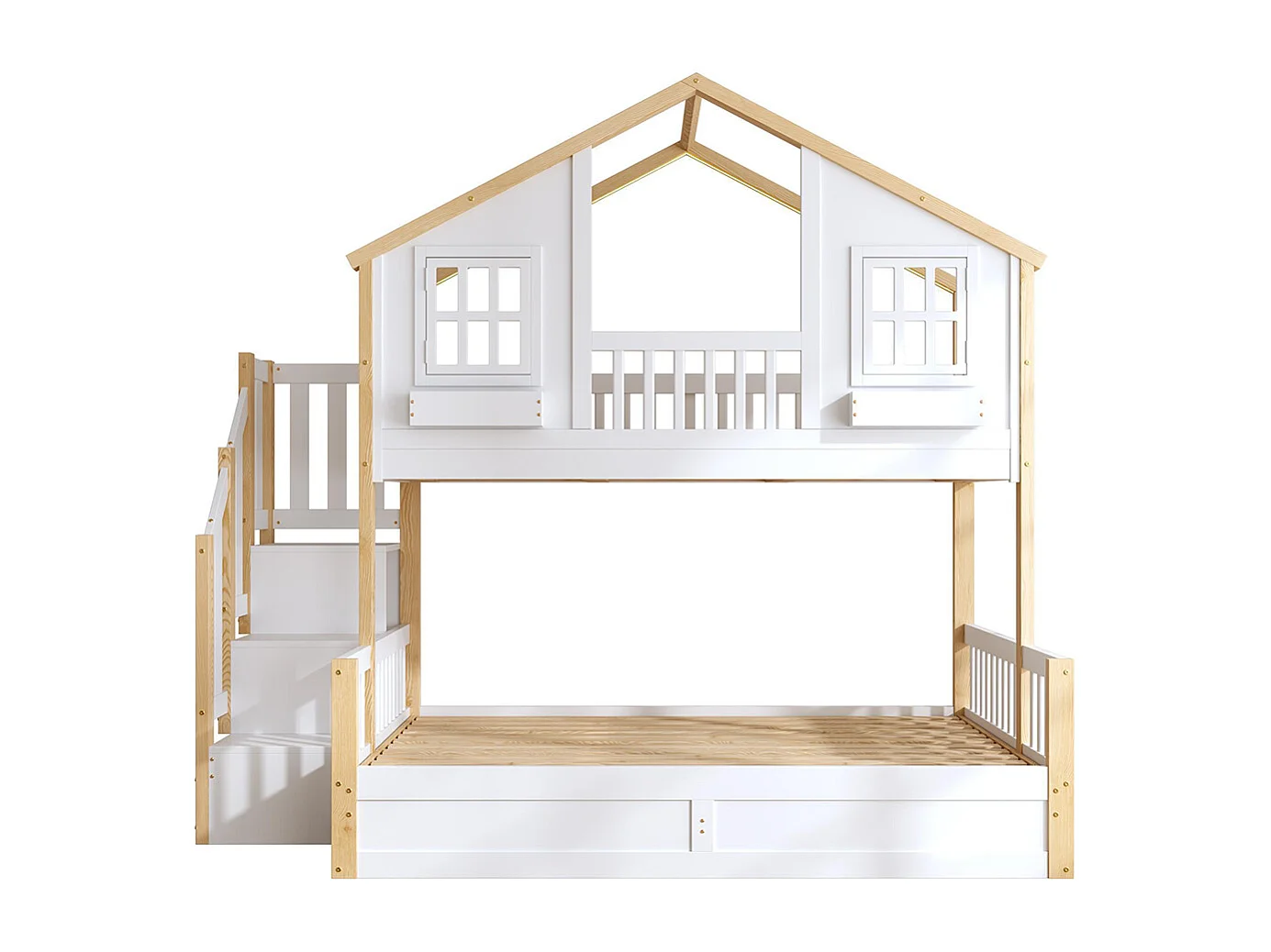 Lit d'enfant 90 × 200 + 140 × 200 cm, en bois massif, avec éclairage LED et échelle de rangement, blanc + couleur bois naturel
