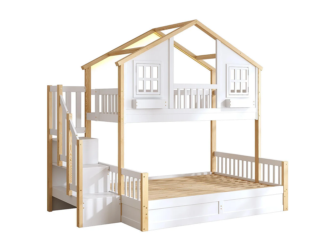 Lit d'enfant 90 × 200 + 140 × 200 cm, en bois massif, avec éclairage LED et échelle de rangement, blanc + couleur bois naturel