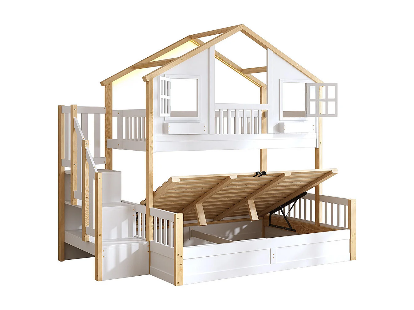 Lit d'enfant 90 × 200 + 140 × 200 cm, en bois massif, avec éclairage LED et échelle de rangement, blanc + couleur bois naturel