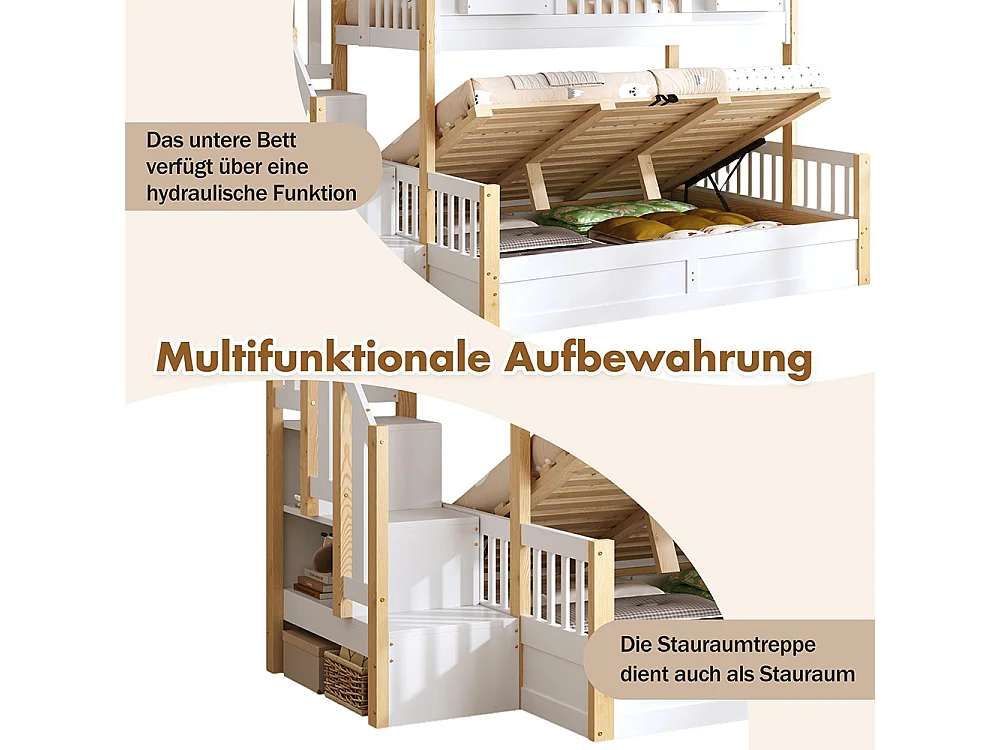 Lit d'enfant 90 × 200 + 140 × 200 cm, en bois massif, avec éclairage LED et échelle de rangement, blanc + couleur bois naturel