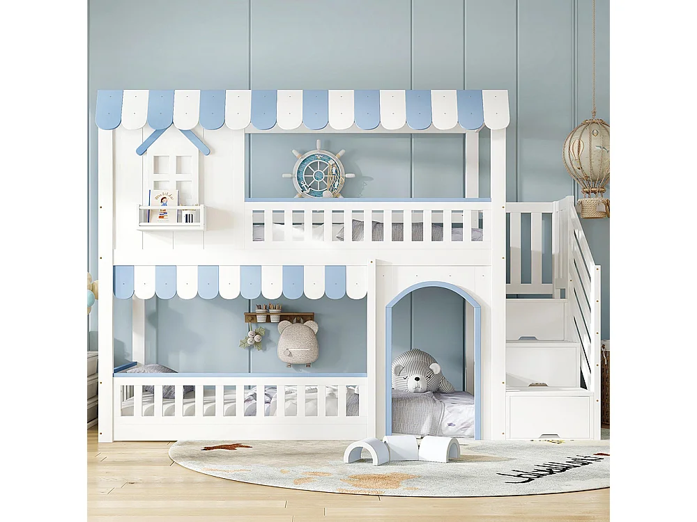 Lit superposé pour enfants 90 x 200 cm, avec escalier et rangement, encadrement de fenêtre et détails décoratifs, blanc et bleu