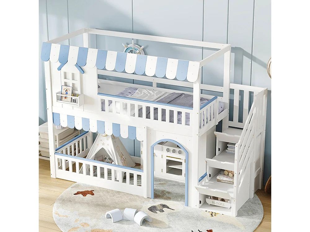 Lit superposé pour enfants 90 x 200 cm, avec escalier et rangement, encadrement de fenêtre et détails décoratifs, blanc et bleu