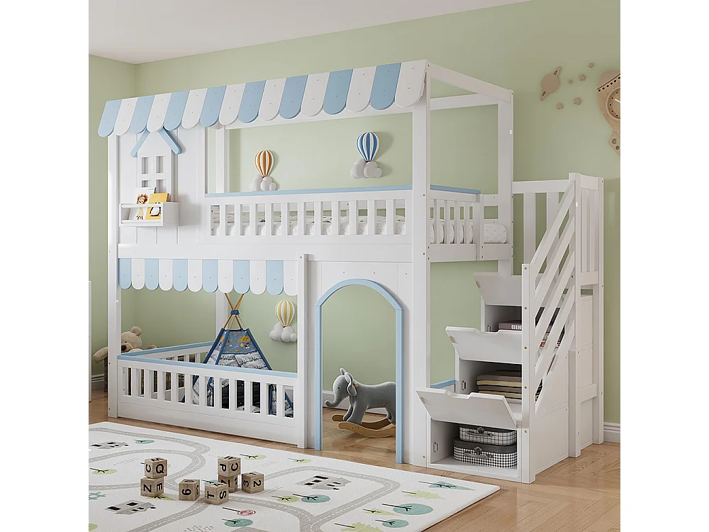 Lit superposé pour enfants 90 x 200 cm, avec escalier et rangement, encadrement de fenêtre et détails décoratifs, blanc et bleu