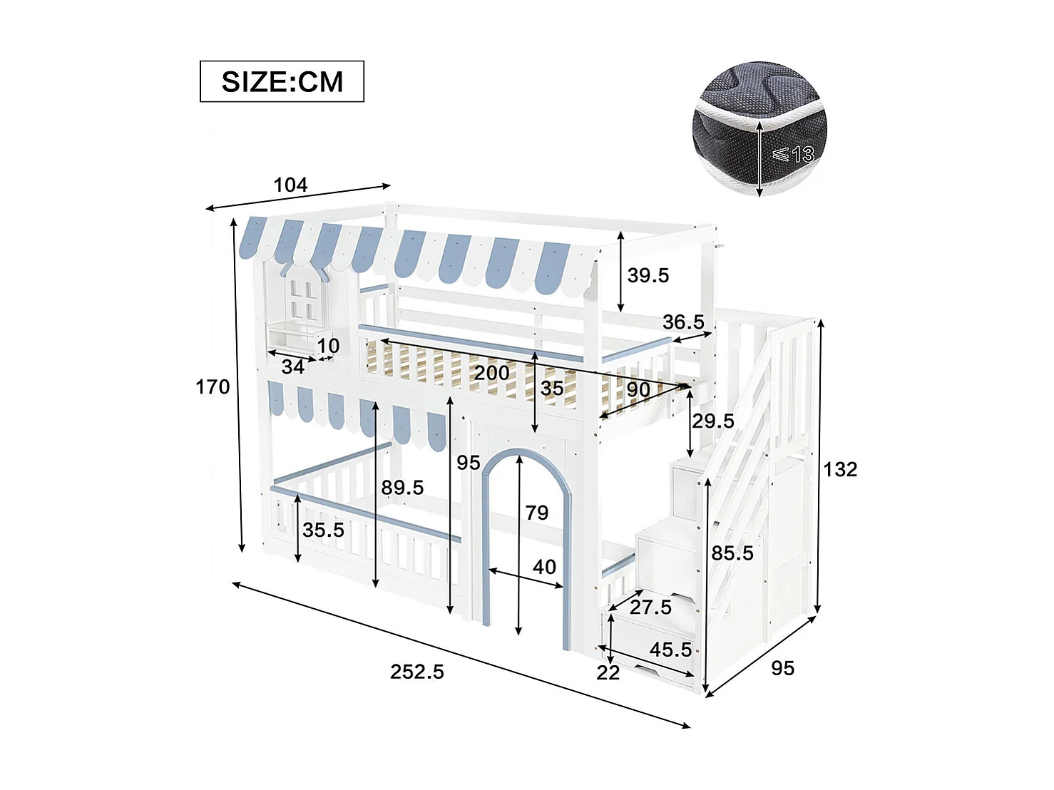 Lit superposé pour enfants 90 x 200 cm, avec escalier et rangement, encadrement de fenêtre et détails décoratifs, blanc et bleu