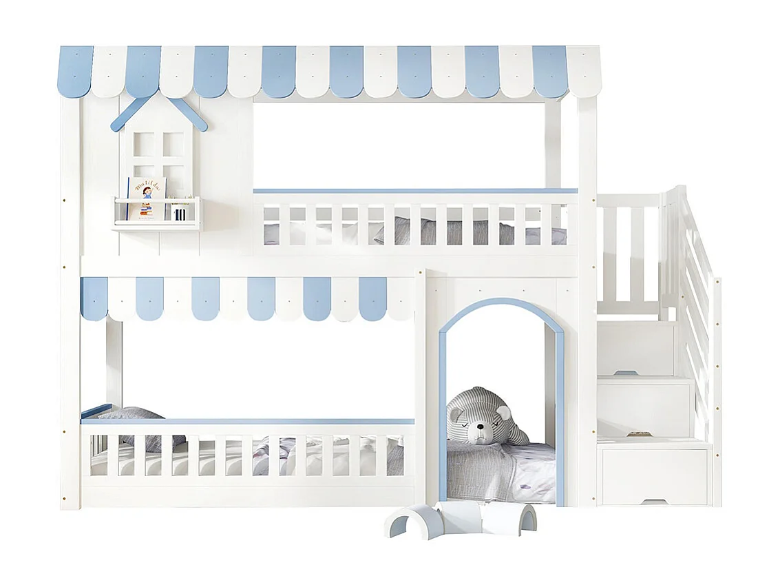 Lit superposé pour enfants 90 x 200 cm, avec escalier et rangement, encadrement de fenêtre et détails décoratifs, blanc et bleu