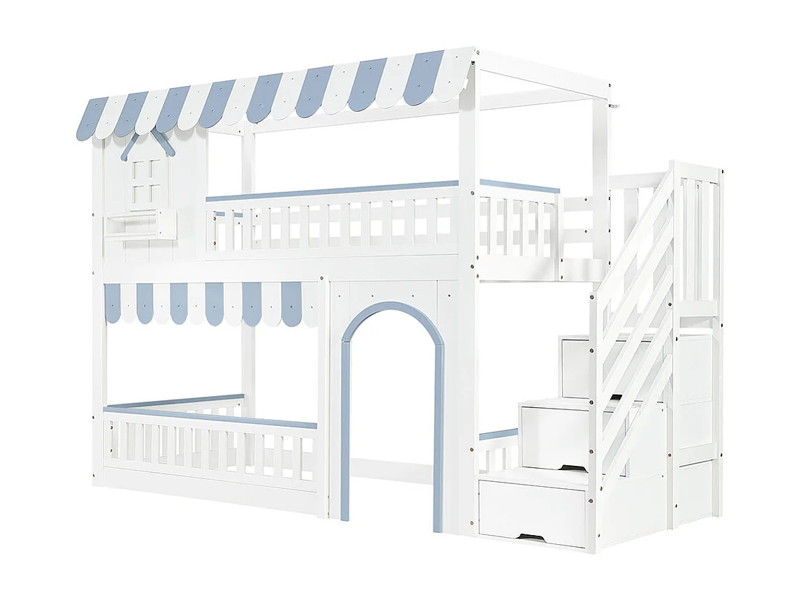 Lit superposé pour enfants 90 x 200 cm, avec escalier et rangement, encadrement de fenêtre et détails décoratifs, blanc et bleu