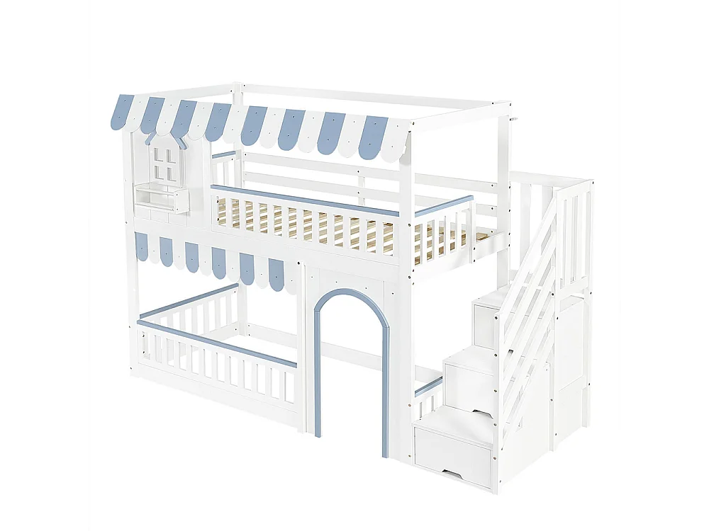 Lit superposé pour enfants 90 x 200 cm, avec escalier et rangement, encadrement de fenêtre et détails décoratifs, blanc et bleu