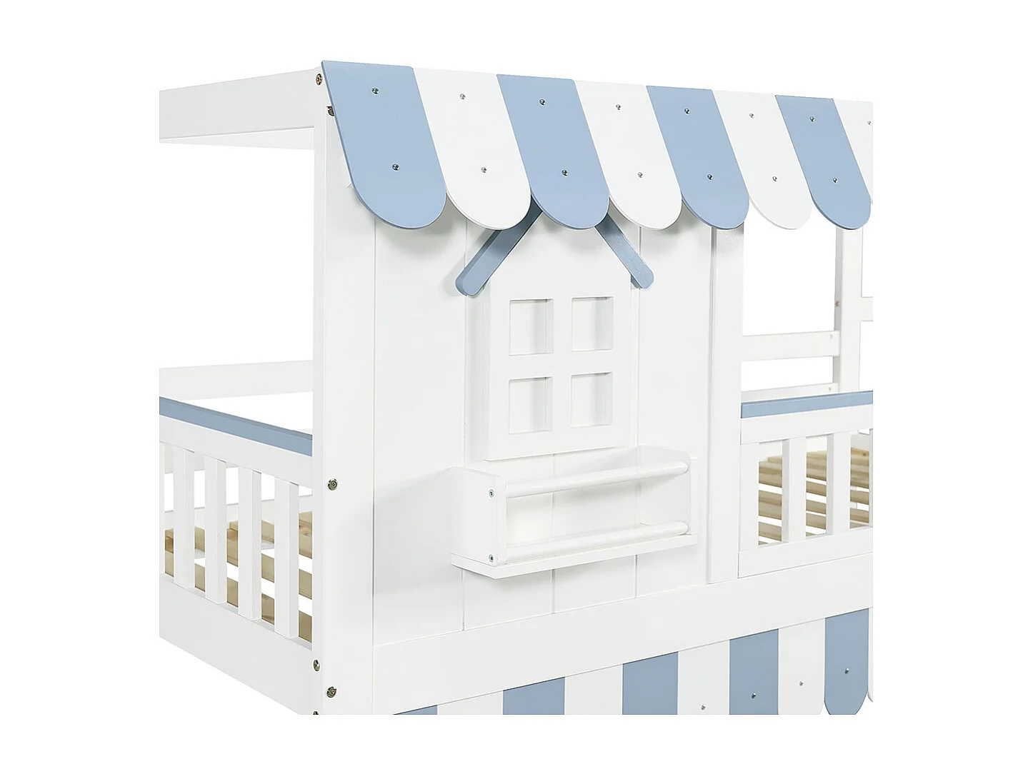 Lit superposé pour enfants 90 x 200 cm, avec escalier et rangement, encadrement de fenêtre et détails décoratifs, blanc et bleu