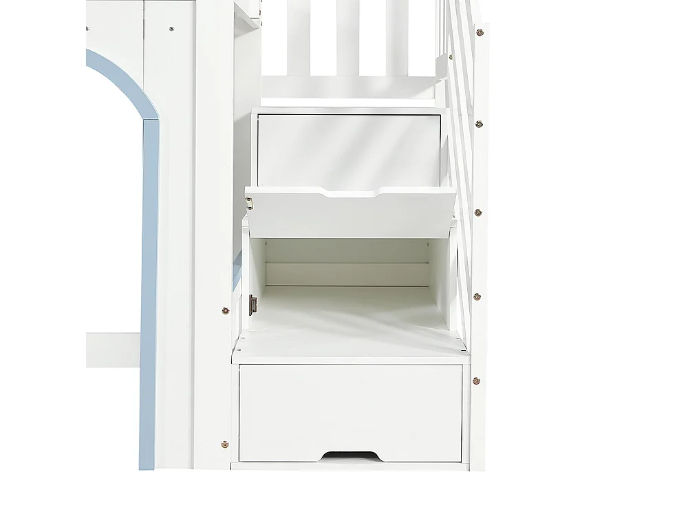 Lit superposé pour enfants 90 x 200 cm, avec escalier et rangement, encadrement de fenêtre et détails décoratifs, blanc et bleu