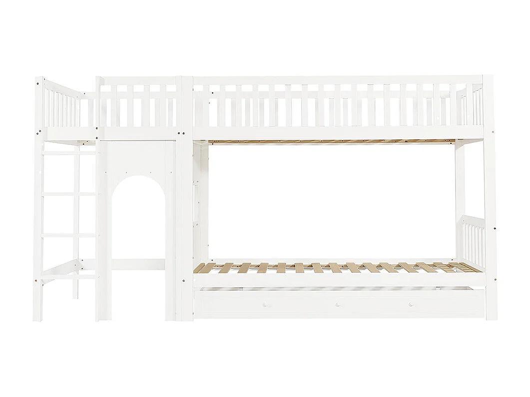 Lit superposé pour enfants 90 x 200 cm, échelle droite à quatre échelons, barrières de sécurité sur les quatre côtés, blanc