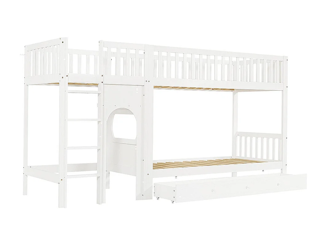 Lit superposé pour enfants 90 x 200 cm, échelle droite à quatre échelons, barrières de sécurité sur les quatre côtés, blanc
