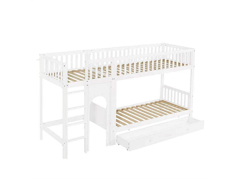 Lit superposé pour enfants 90 x 200 cm, échelle droite à quatre échelons, barrières de sécurité sur les quatre côtés, blanc