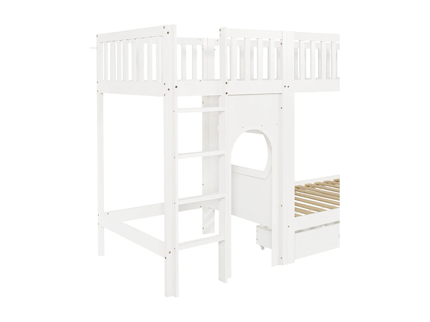 Lit superposé pour enfants 90 x 200 cm, échelle droite à quatre échelons, barrières de sécurité sur les quatre côtés, blanc