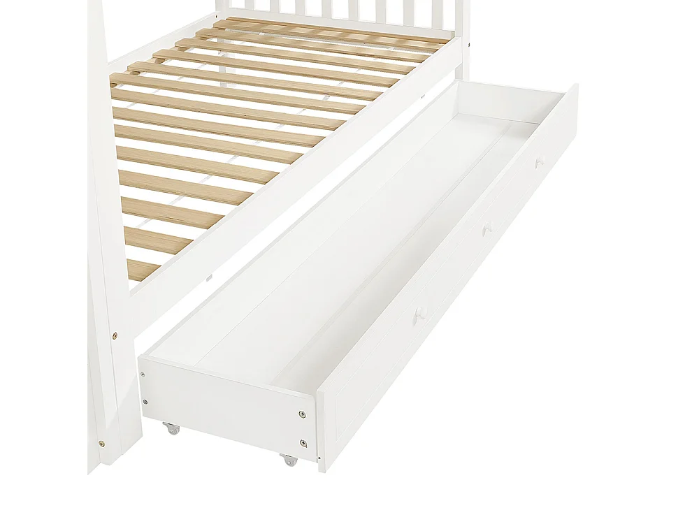 Lit superposé pour enfants 90 x 200 cm, échelle droite à quatre échelons, barrières de sécurité sur les quatre côtés, blanc