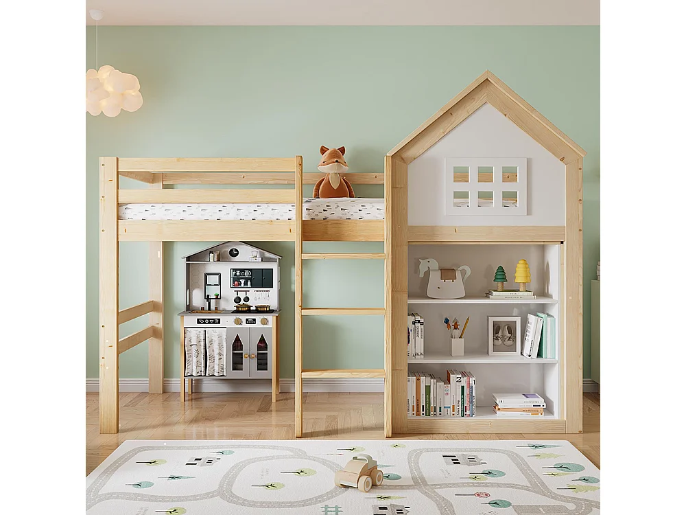 Lit mezzanine pour enfant 90 x 200 cm, avec rangements et tiroirs, échelle, barrières de sécurité, blanc + couleur bois naturel
