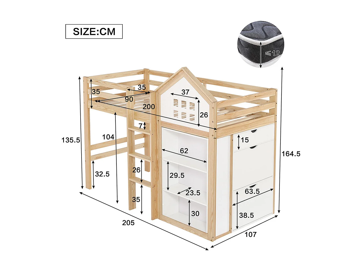 Lit mezzanine pour enfant 90 x 200 cm, avec rangements et tiroirs, échelle, barrières de sécurité, blanc + couleur bois naturel