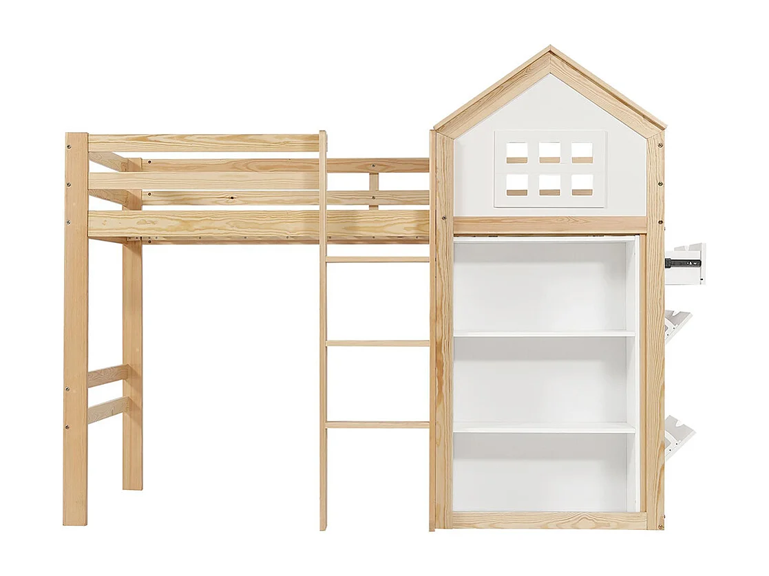 Lit mezzanine pour enfant 90 x 200 cm, avec rangements et tiroirs, échelle, barrières de sécurité, blanc + couleur bois naturel