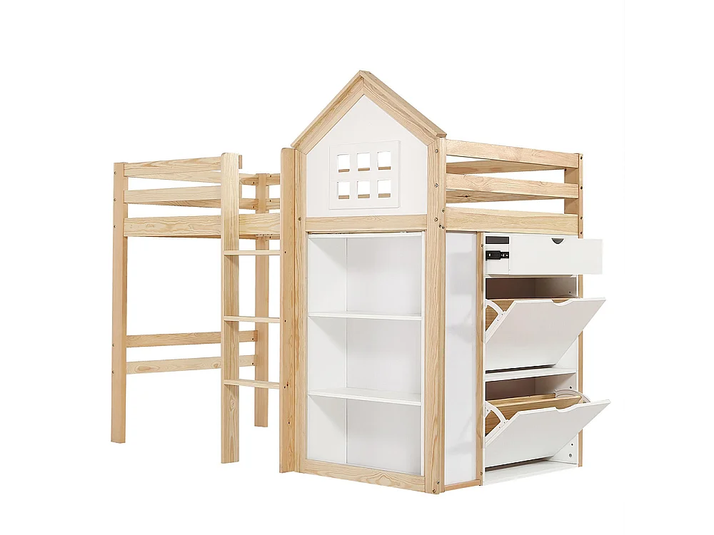 Lit mezzanine pour enfant 90 x 200 cm, avec rangements et tiroirs, échelle, barrières de sécurité, blanc + couleur bois naturel