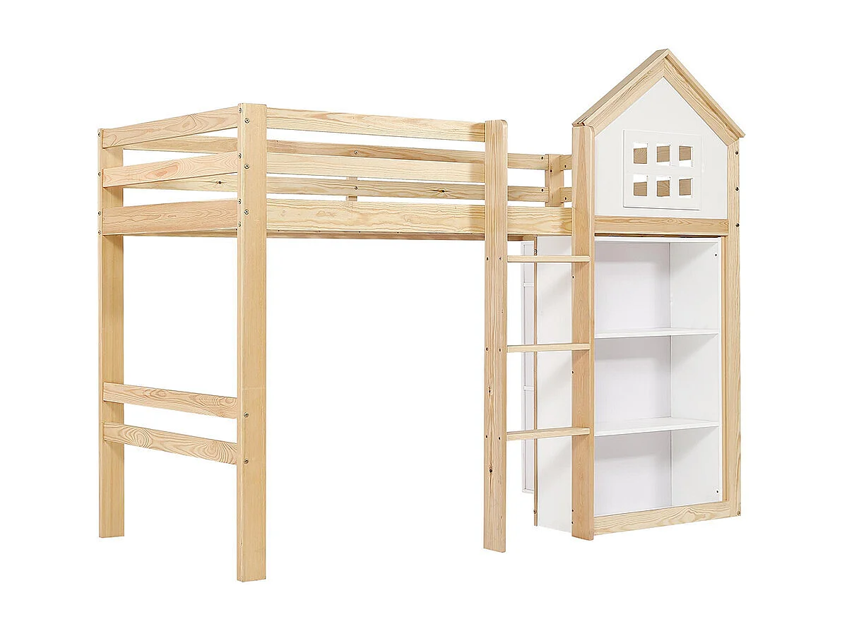 Lit mezzanine pour enfant 90 x 200 cm, avec rangements et tiroirs, échelle, barrières de sécurité, blanc + couleur bois naturel