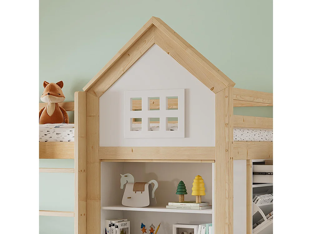 Lit mezzanine pour enfant 90 x 200 cm, avec rangements et tiroirs, échelle, barrières de sécurité, blanc + couleur bois naturel