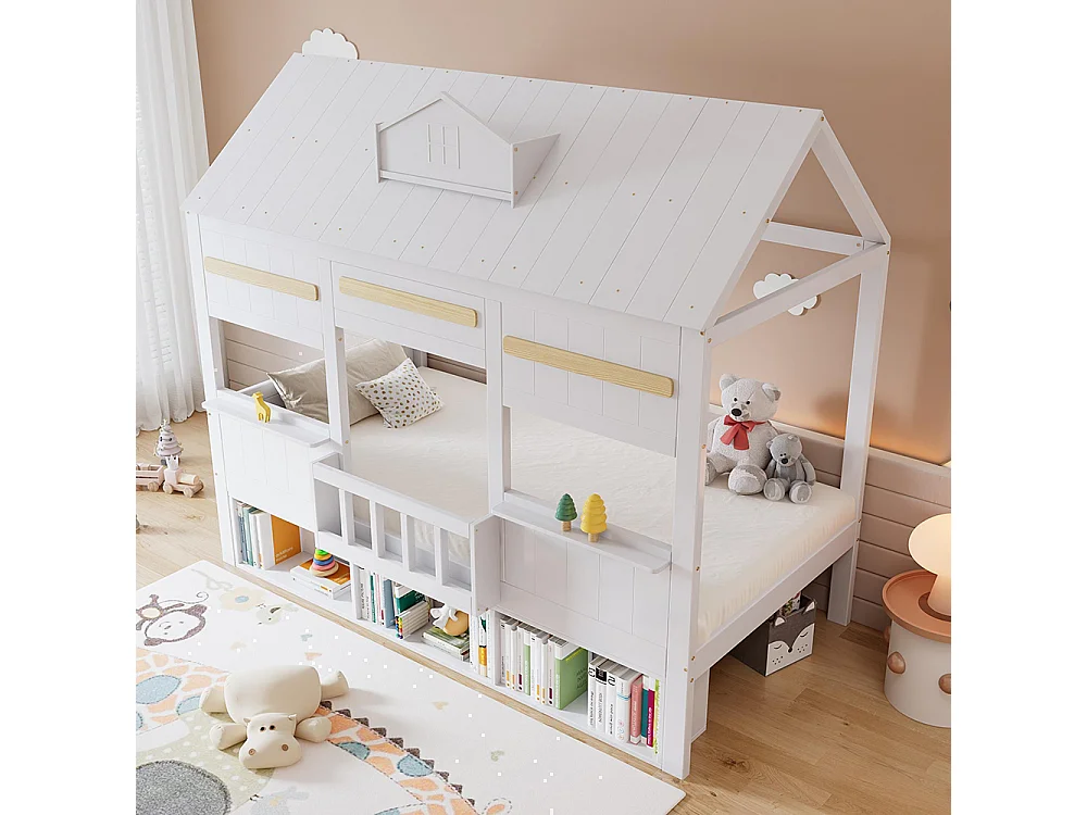 Lit mezzanine pour enfant 90 x 200 cm, au design raffiné en forme de maison, avec une étagère, blanc