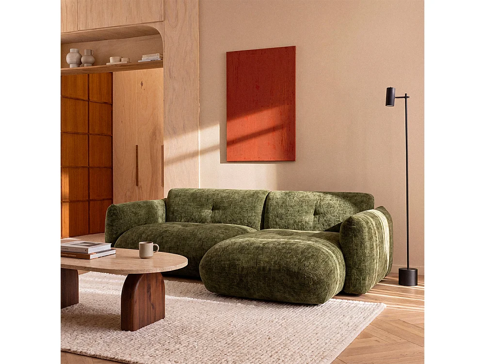 Bocca - Canapé d'angle droit 4 places en tissu à dossier capitonné - Vert olive