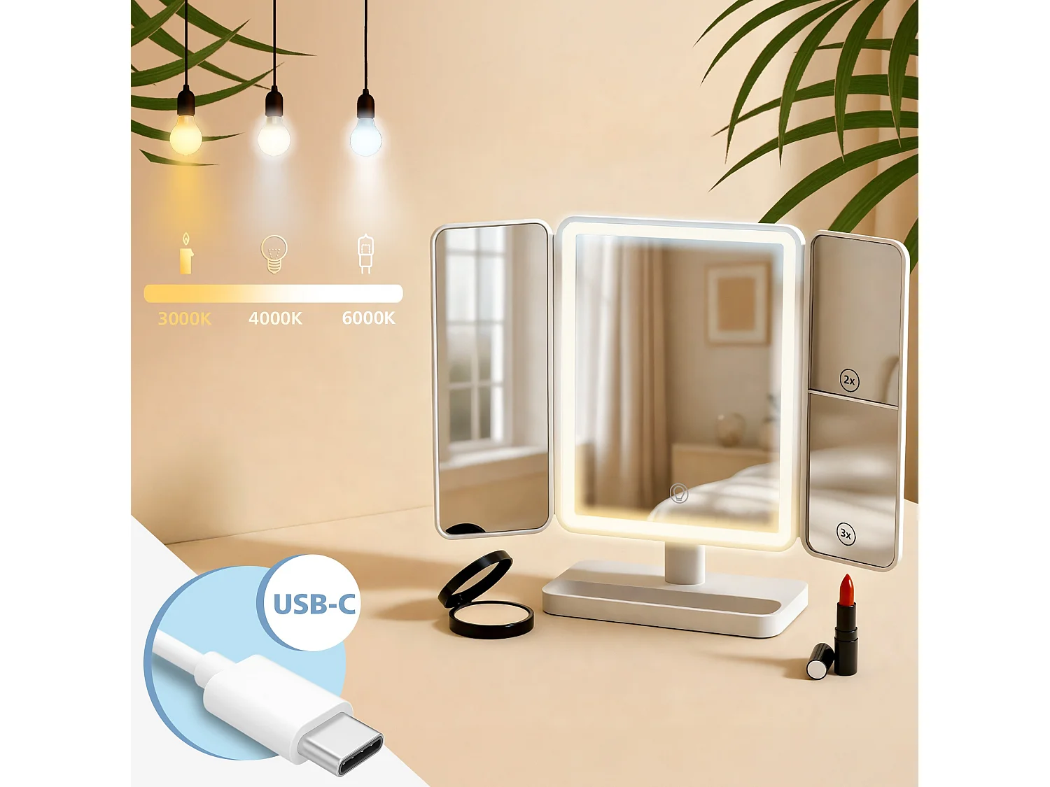 Miroir Led de Maquillage - Plastique - Blanc - Otley