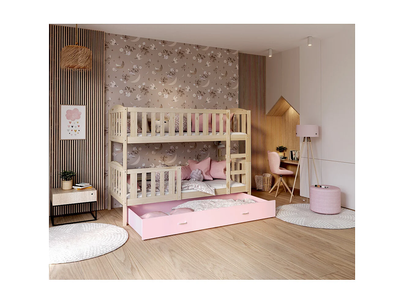 Lit Superposé  Nilo 80x160 tiroir Pin - rose