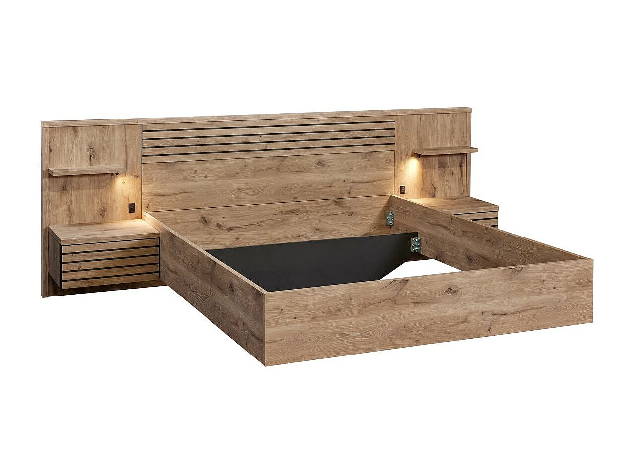 Lit 160x200cm avec tête de lit chevets suspendus et éclairage intégré aspect bois et noir - NIKITA