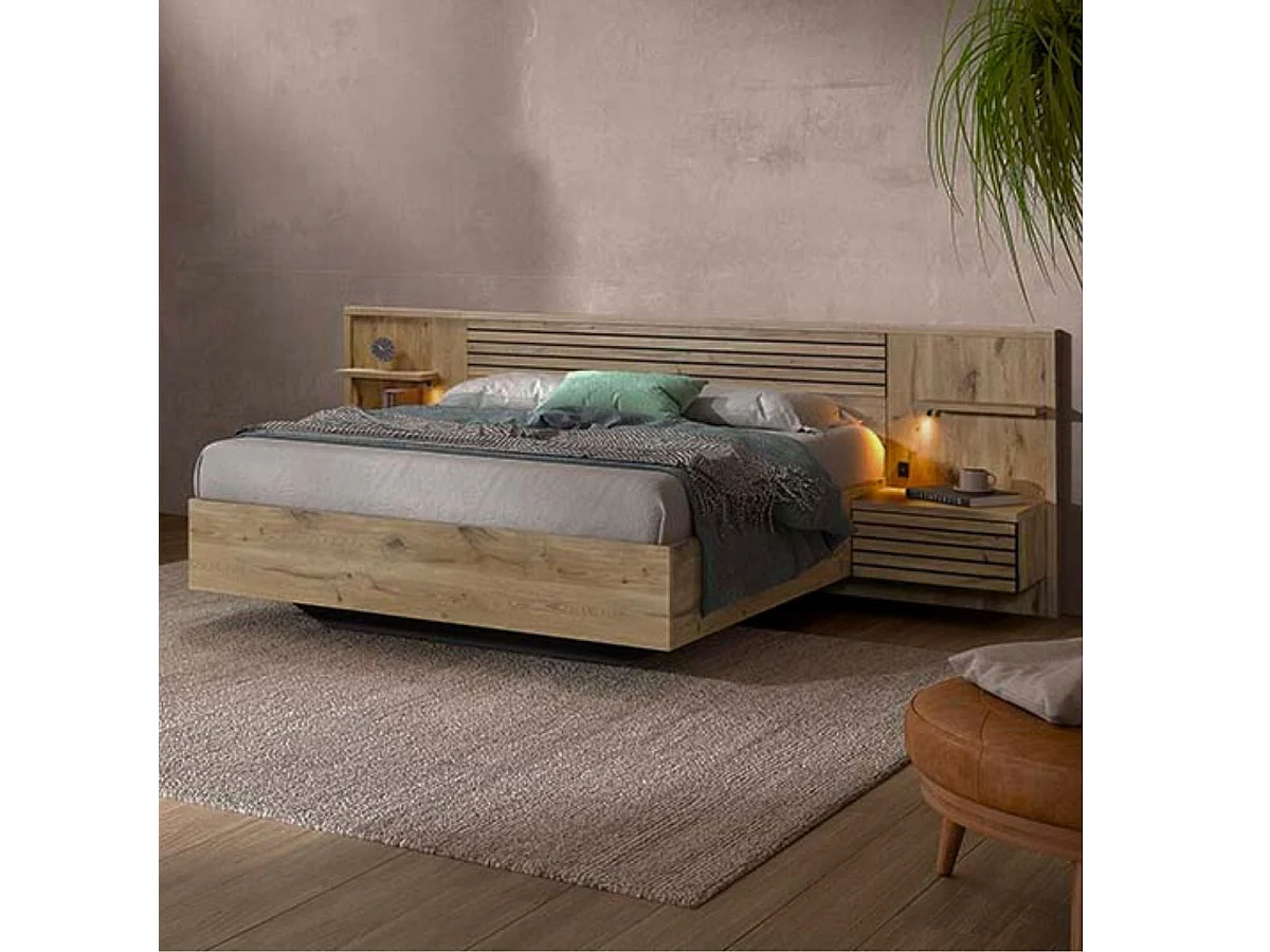 Lit 160x200cm avec tête de lit chevets suspendus et éclairage intégré aspect bois et noir - NIKITA