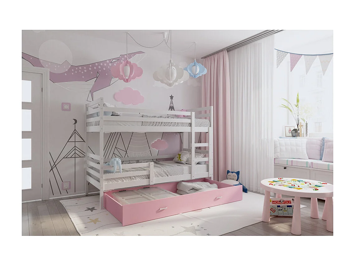 Lit Superpose Milan 90x190 tiroir Blanc - rose