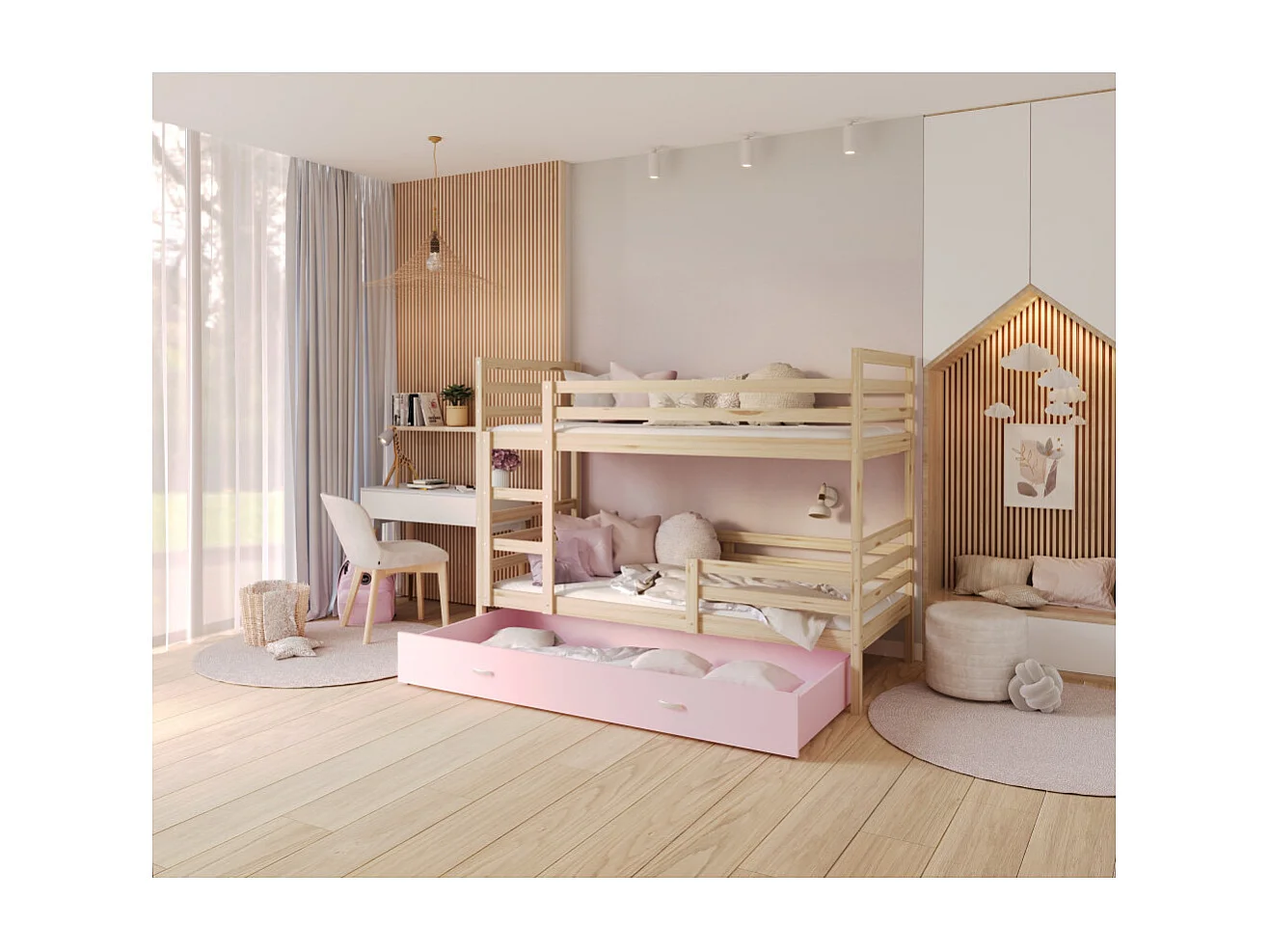 Lit Superpose Milan 90x190 tiroir Pin - rose