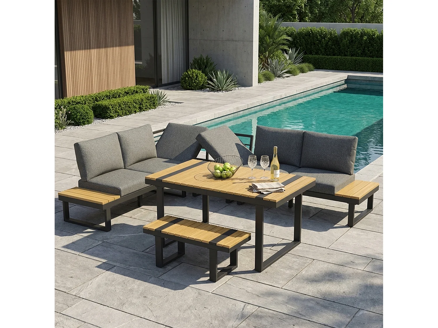 Garden furniture set - 6-seater - made of galvanized iron - corner sofa - with table and bench - wood-plastic composite tabletop - Grey