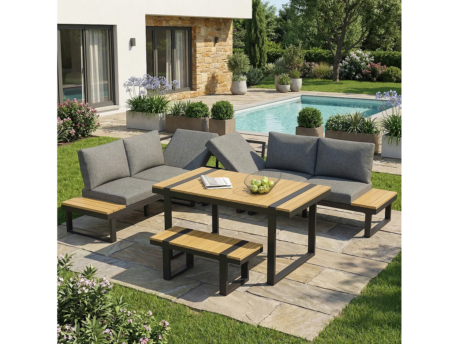 Garden furniture set - 6-seater - made of galvanized iron - corner sofa - with table and bench - wood-plastic composite tabletop - Grey