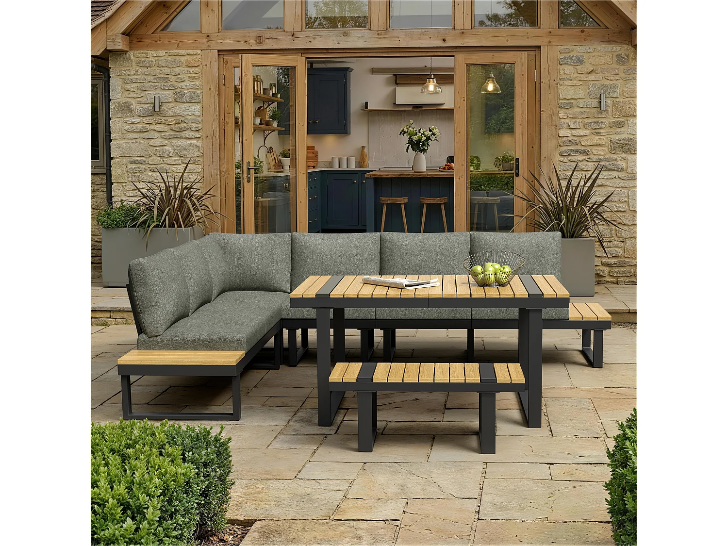 Garden furniture set - 6-seater - made of galvanized iron - corner sofa - with table and bench - wood-plastic composite tabletop - Grey
