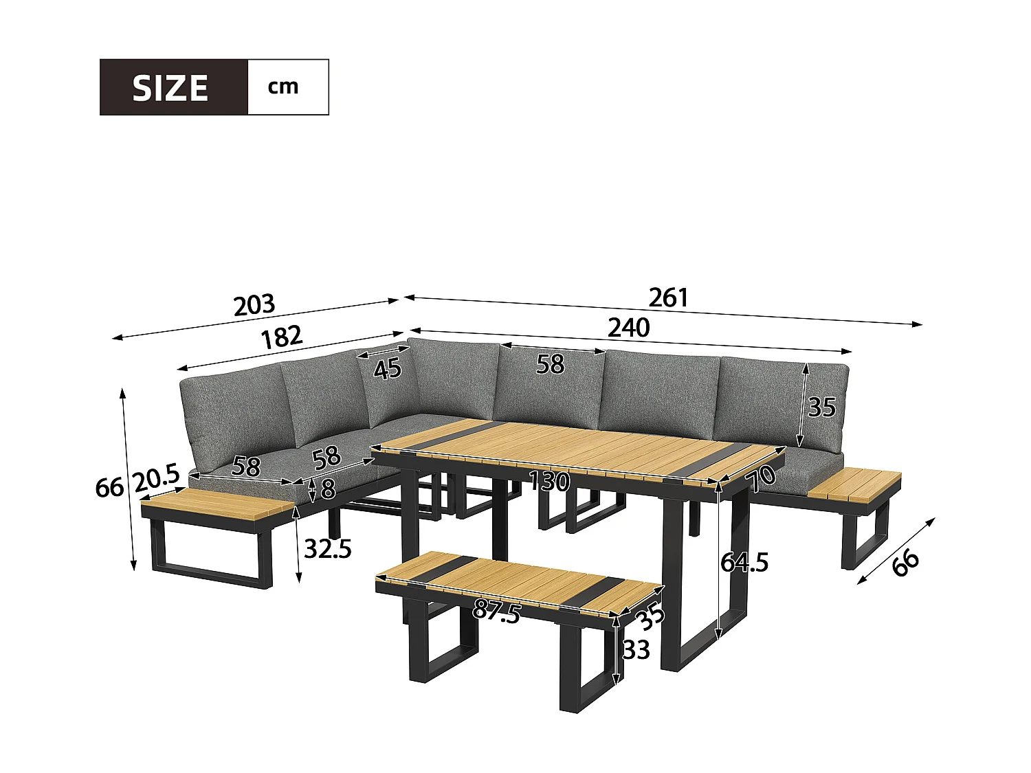 Garden furniture set - 6-seater - made of galvanized iron - corner sofa - with table and bench - wood-plastic composite tabletop - Grey
