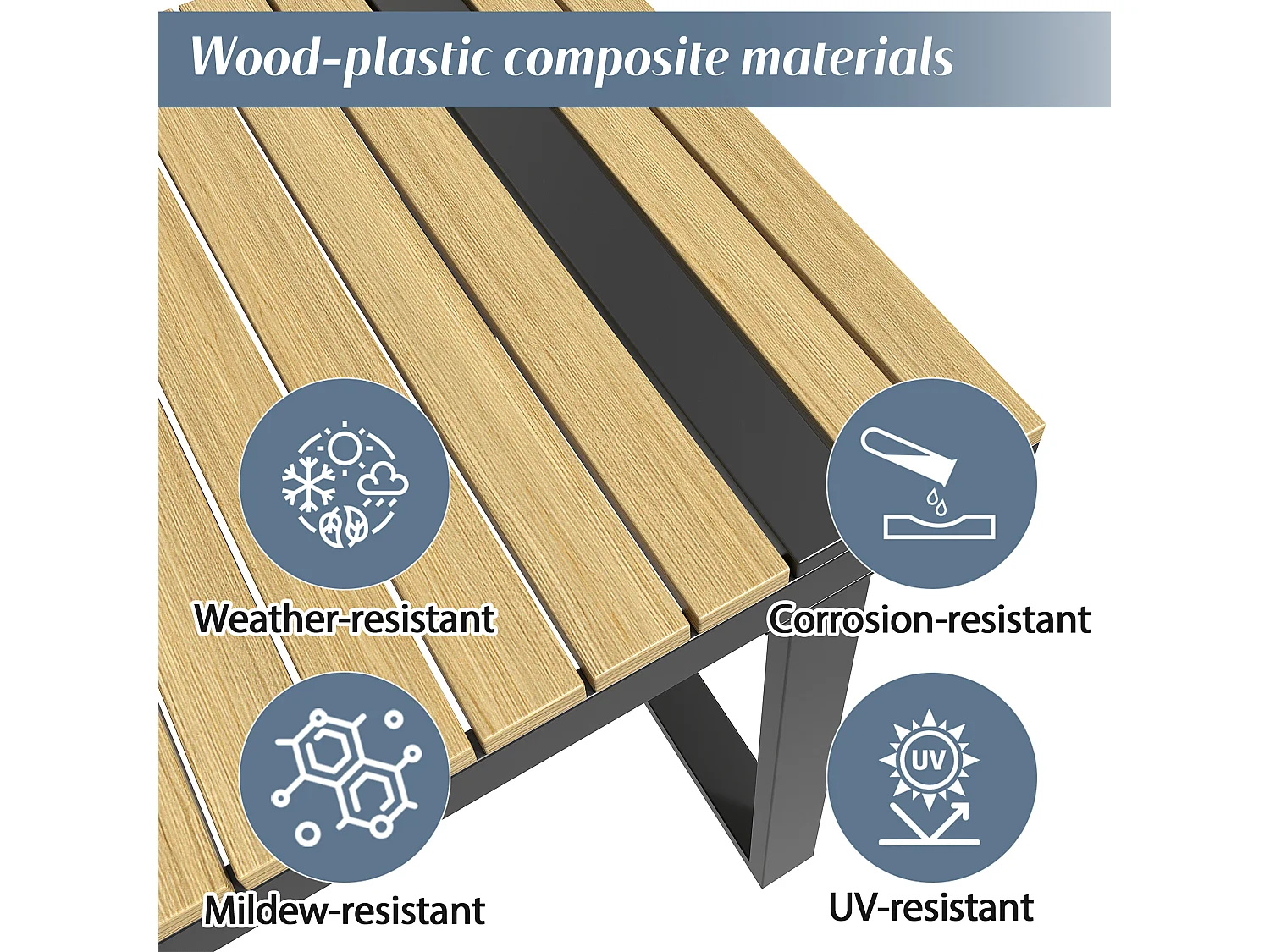 Garden furniture set - 6-seater - made of galvanized iron - corner sofa - with table and bench - wood-plastic composite tabletop - Grey