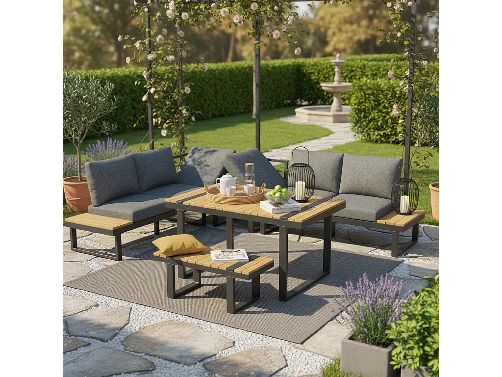 Garden furniture set - 6-seater - made of galvanized iron - corner sofa - with table and bench - wood-plastic composite tabletop - Grey