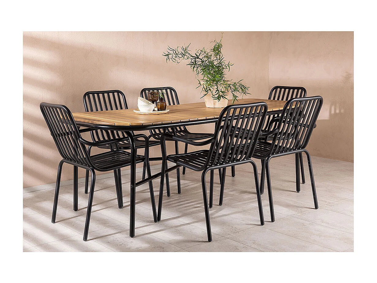 Holmbeck Gartenset Tisch 90x200cm natur, 6 Stühle schwarz.