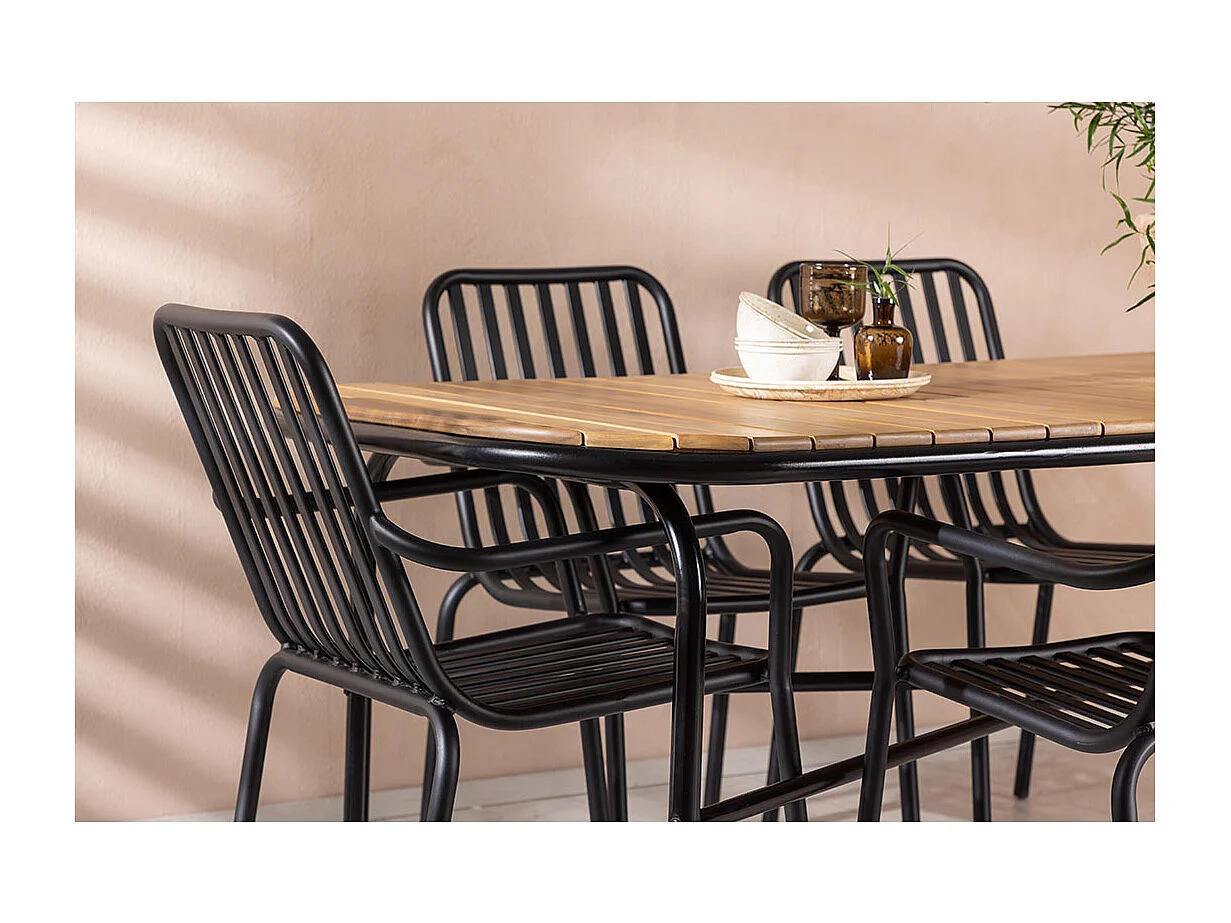 Holmbeck Gartenset Tisch 90x200cm natur, 6 Stühle schwarz.