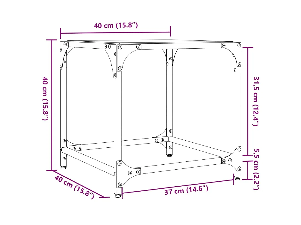 Mesa de centro con superficie de vidrio transparente de acero, 40 × 40 × 40 cm