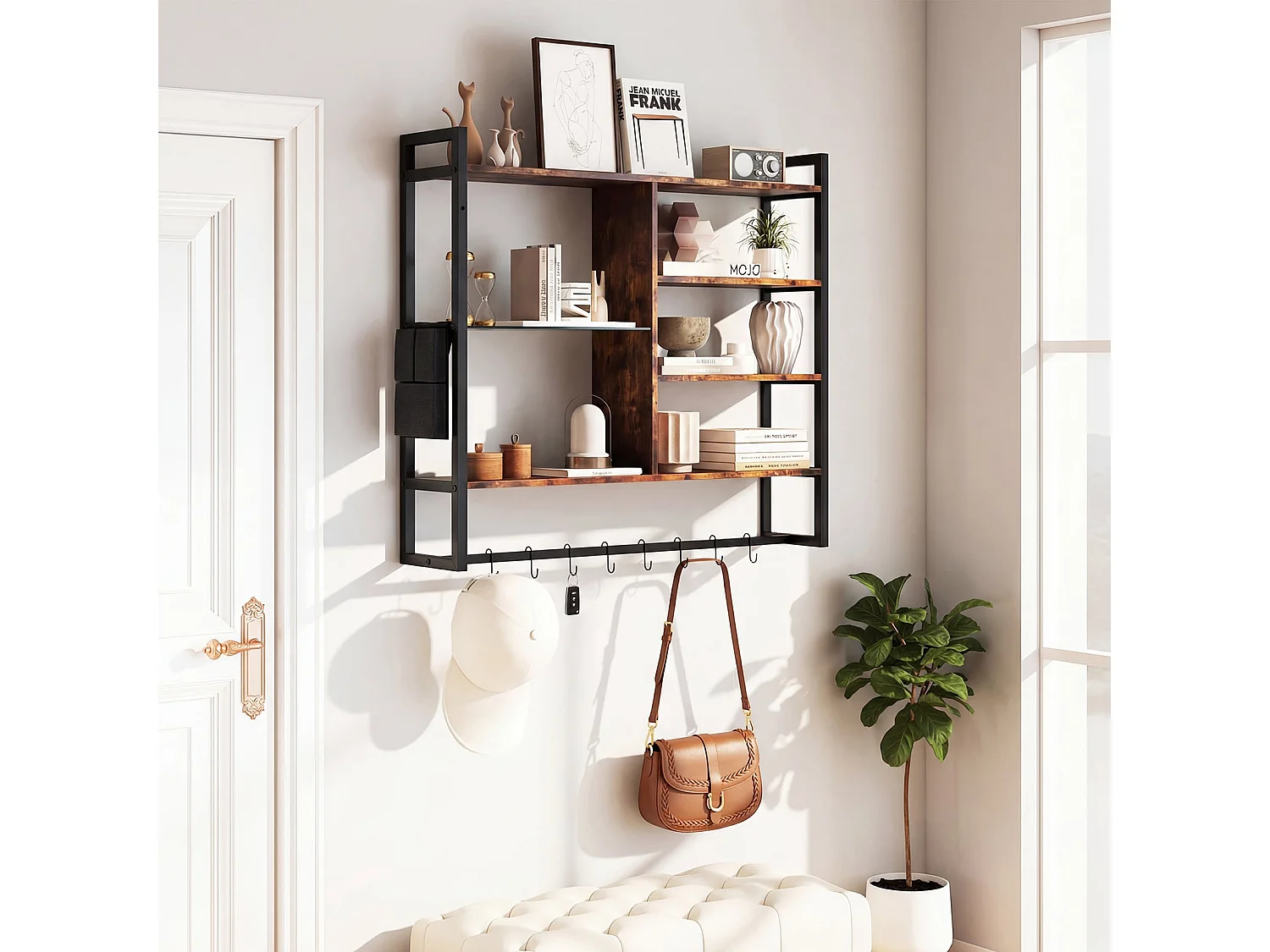 Scaffale a parete galleggiante a 6 livelli Scaffale sospeso con 8 ganci a S e tasca laterale 107 x 24 x 96 cm (senza luce)