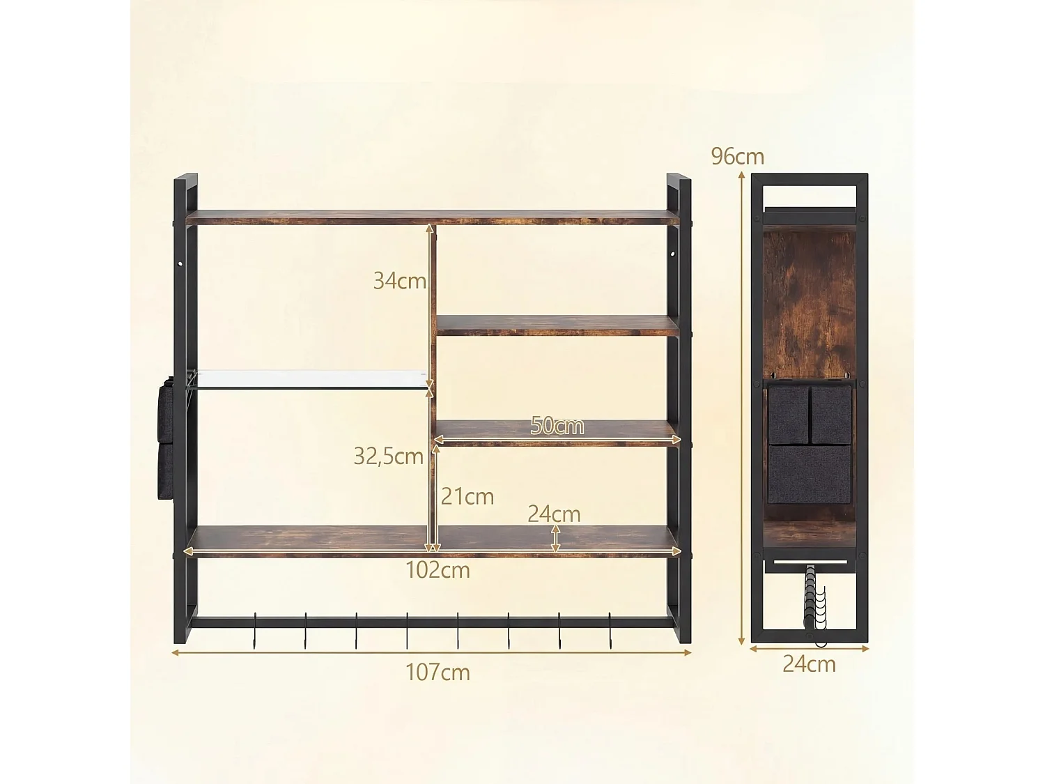Scaffale a parete galleggiante a 6 livelli Scaffale sospeso con 8 ganci a S e tasca laterale 107 x 24 x 96 cm (senza luce)