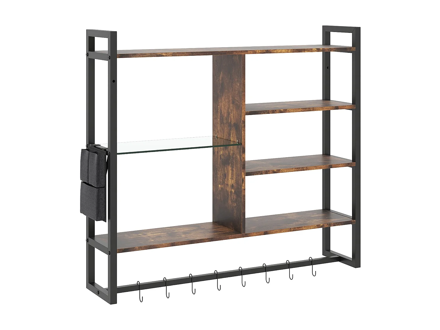 Scaffale a parete galleggiante a 6 livelli Scaffale sospeso con 8 ganci a S e tasca laterale 107 x 24 x 96 cm (senza luce)