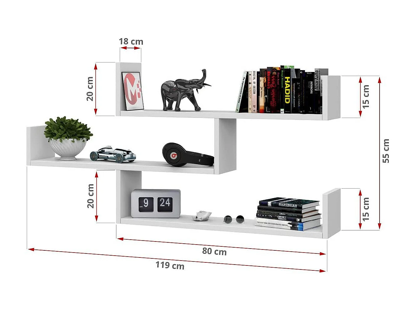 TRIO 03 wall shelf, wall-mounted shelf, floating shelf, wide shelf, white color
