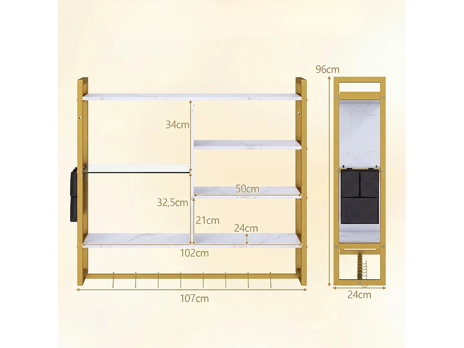 Scaffale a parete galleggiante a 6 livelli Scaffale sospeso con 8 ganci a S e tasca laterale Bianco con LED RGB 107 x 24 x 96 cm
