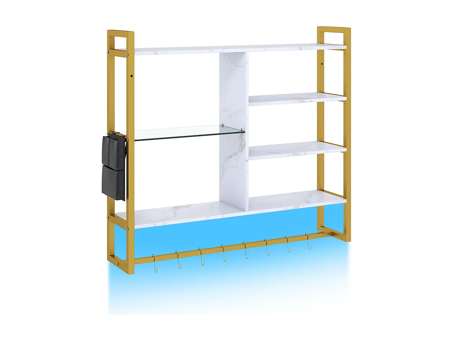 Scaffale a parete galleggiante a 6 livelli Scaffale sospeso con 8 ganci a S e tasca laterale Bianco con LED RGB 107 x 24 x 96 cm